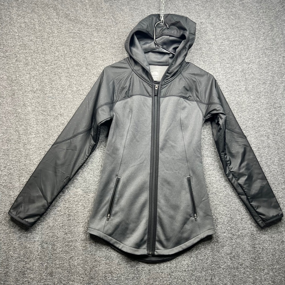 The North Face Hoodie Jacket Womens XS Gray Black Hybrid Fleece Overlay Full Zip